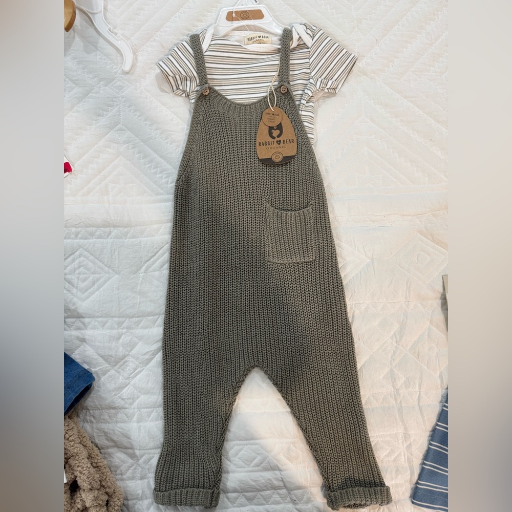 Rabbit & Bear Olive Knit Overalls One-Piece with Striped Bodysuit